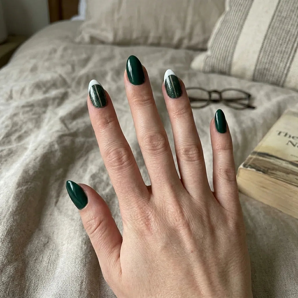 emerald green white french tip almond press on nails gold stripe glitter lifestyle 03