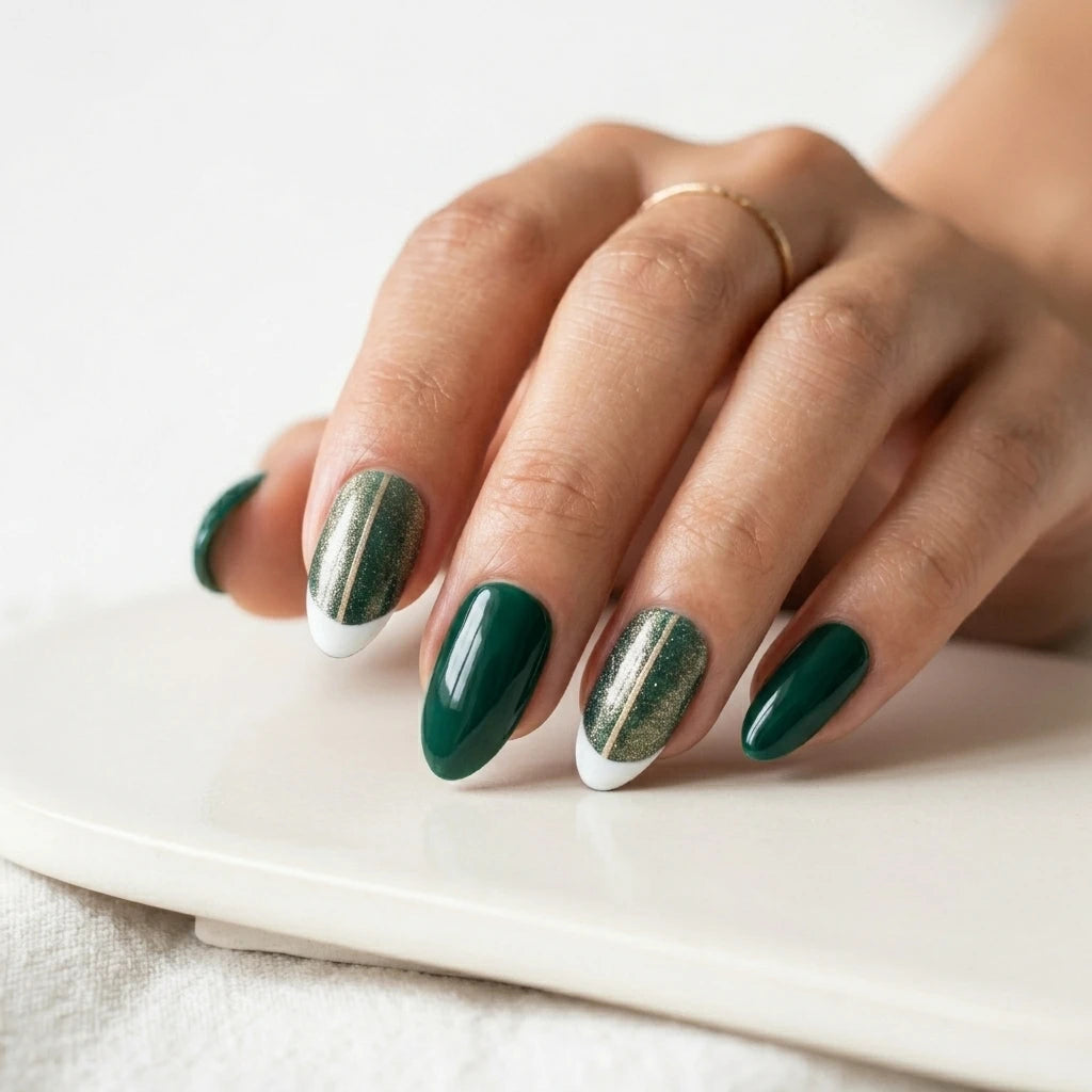 emerald green white french tip almond press on nails gold stripe glitter mockup 01