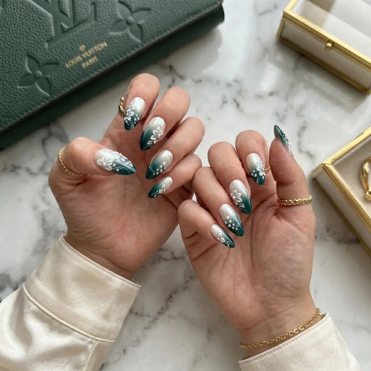 emerald green white ombre 3d almond press on nails flower pearl detail 03