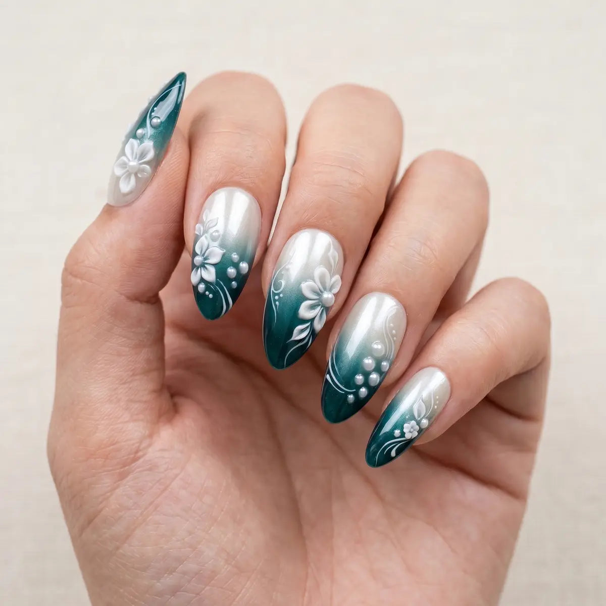 emerald green white ombre 3d almond press on nails flower pearl lifestyle 02