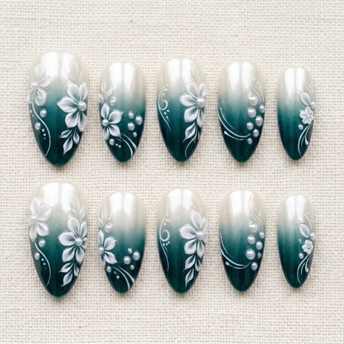 emerald green white ombre 3d almond press on nails flower pearl mockup 01