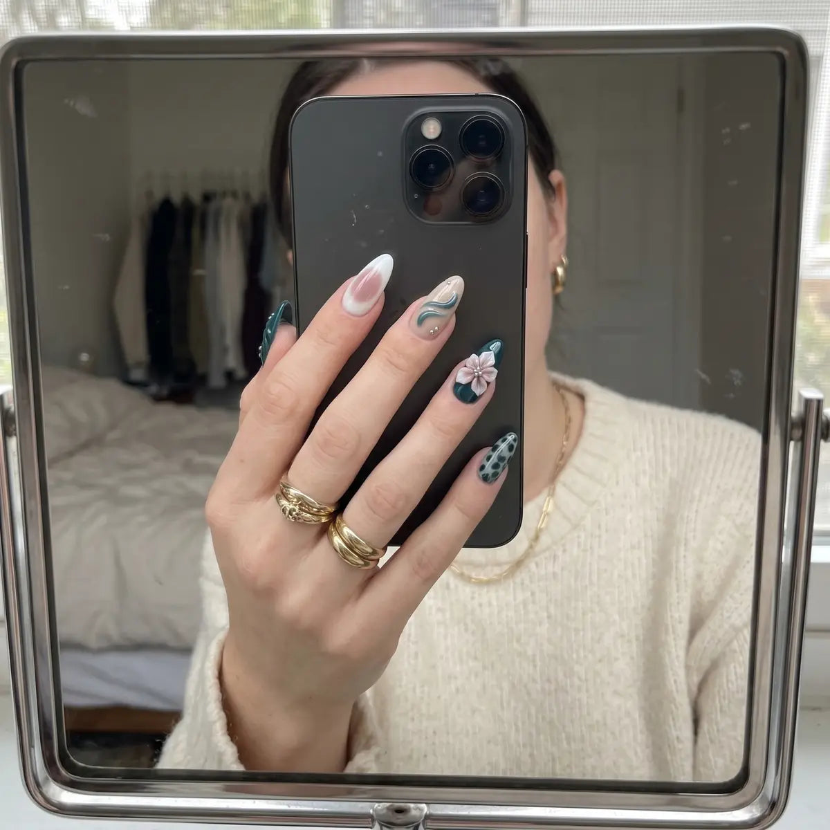 emerald nude white 3d hand painted almond press on nails peony bloom detail 03