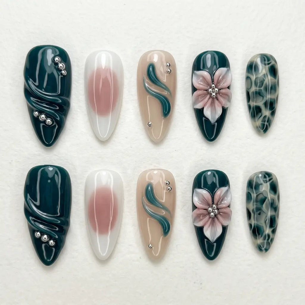 emerald nude white 3d hand painted almond press on nails peony bloom mockup 01