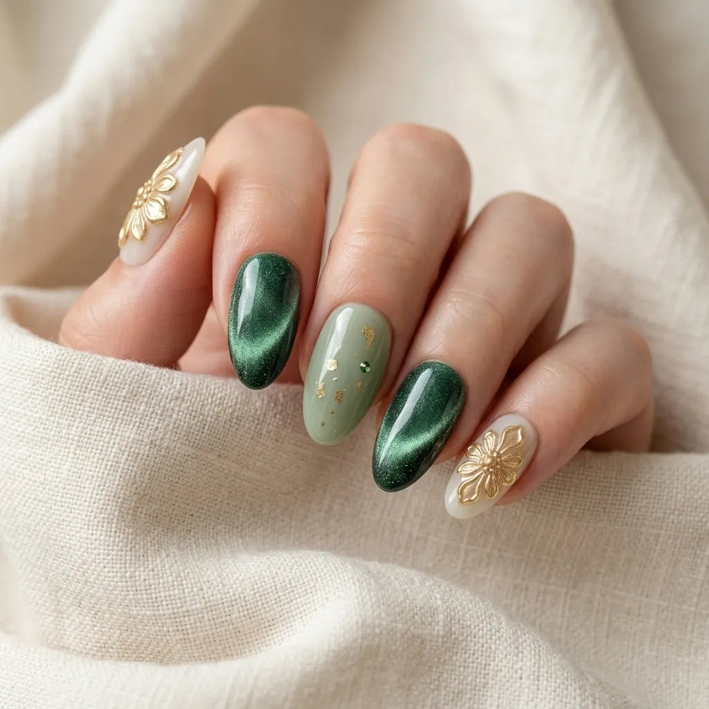 emerald sage ivory 3d cat eye almond press on nails gold flower rhinestone flat lay 03