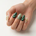 emerald sage ivory 3d cat eye almond press on nails gold flower rhinestone lifestyle 02