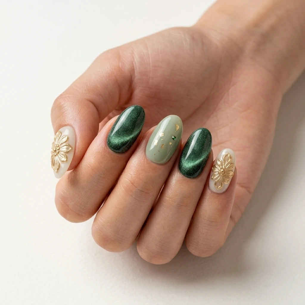 emerald sage ivory 3d cat eye almond press on nails gold flower rhinestone lifestyle 02