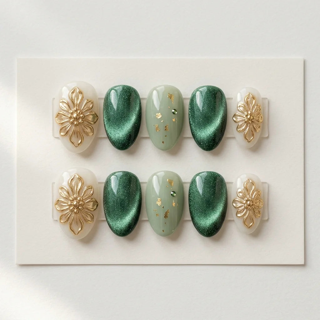 emerald sage ivory 3d cat eye almond press on nails gold flower rhinestone mockup 01