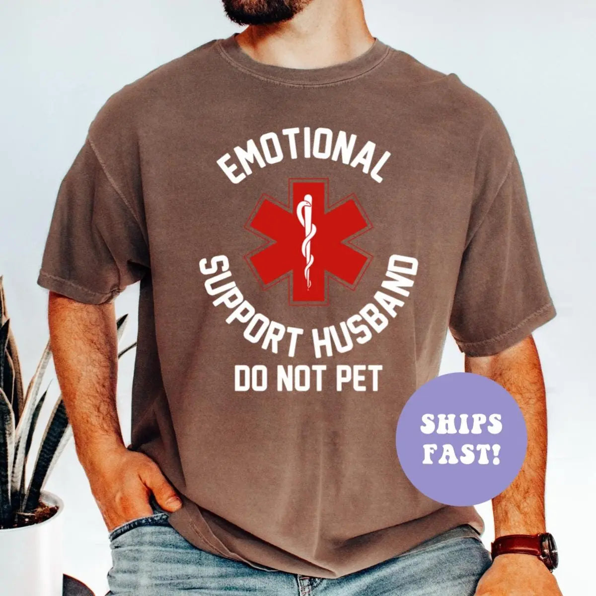 Man in an Espresso Comfort Colors tee, hand in pocket, with the red medical star and do not pet in white capitals