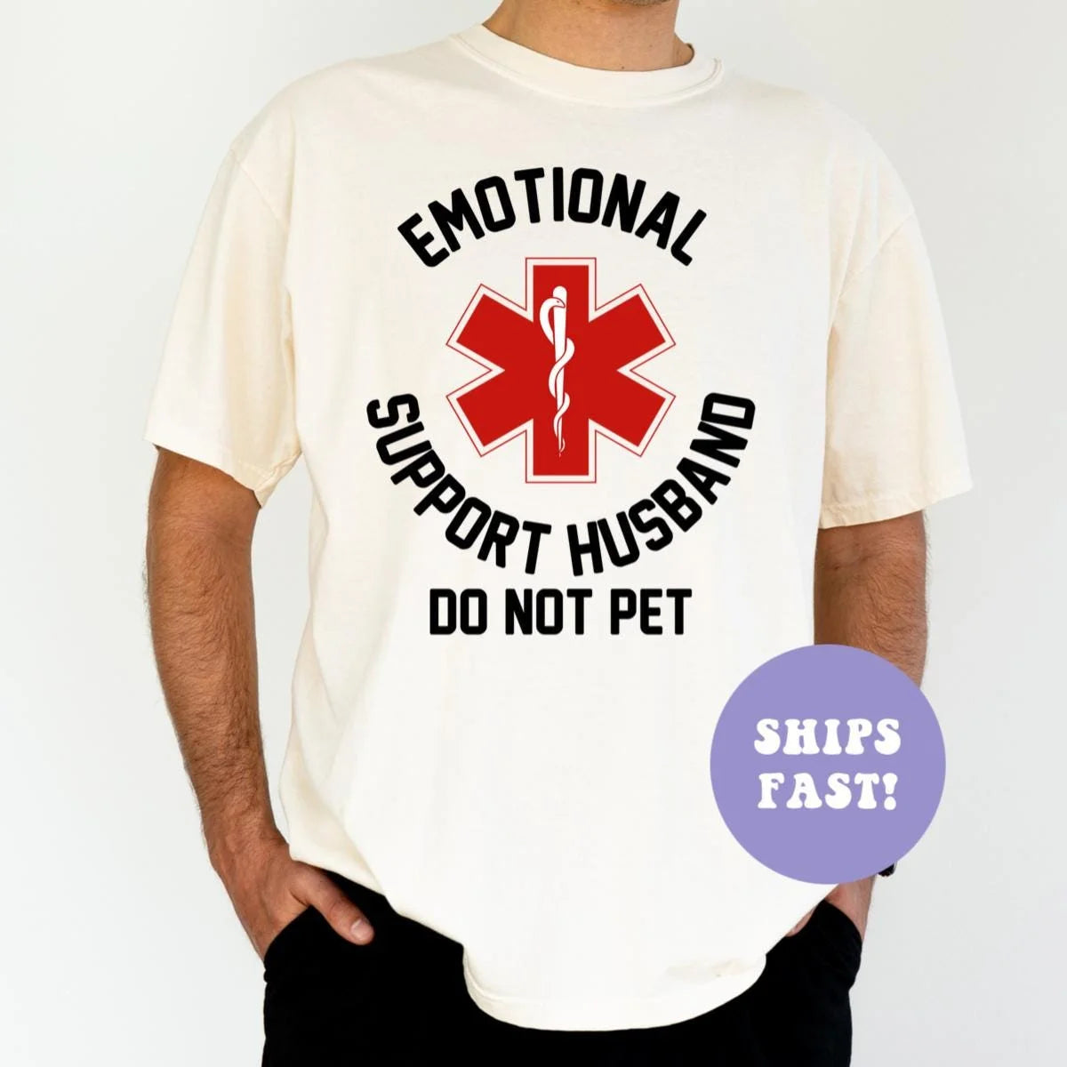 Man in an Ivory Comfort Colors tee with a red medical star and emotional support husband do not pet in black