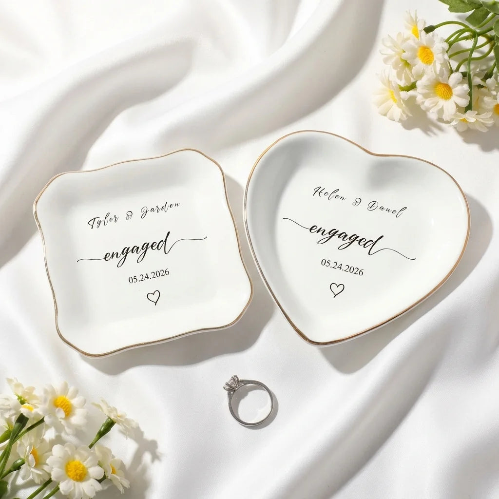 Shape and finish options for personalized engaged script ring dish