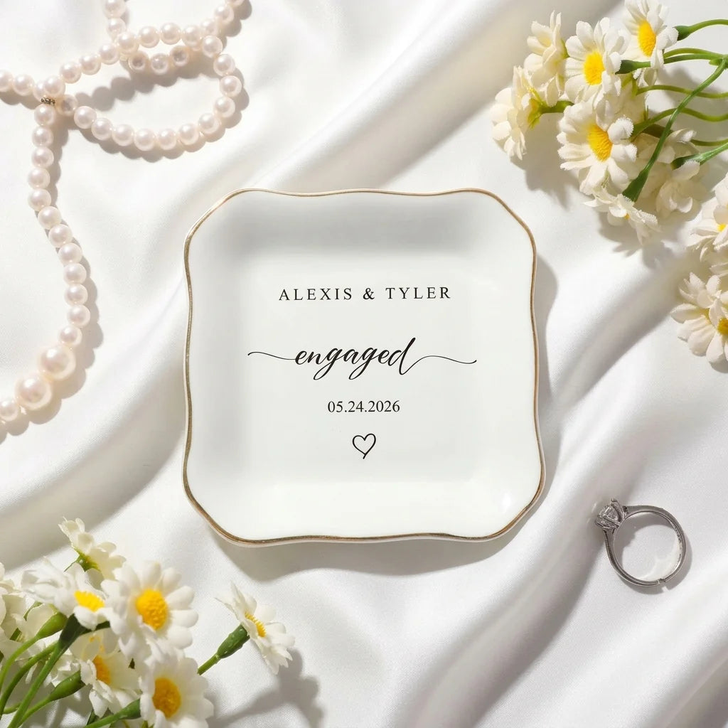 Round and scalloped personalized engaged ring dish shape variants