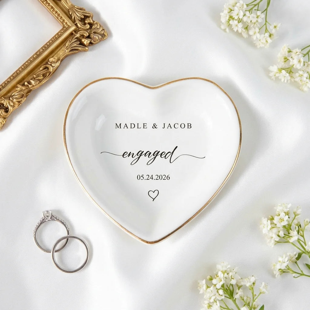 Square personalized engaged script ring dish with couple names and engagement date