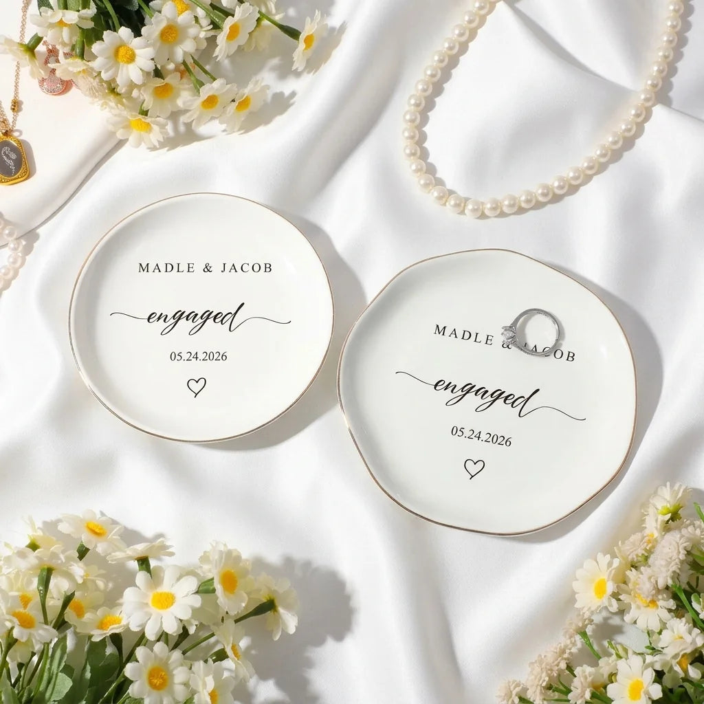 Multiple shape variants of personalized engaged script ring dish