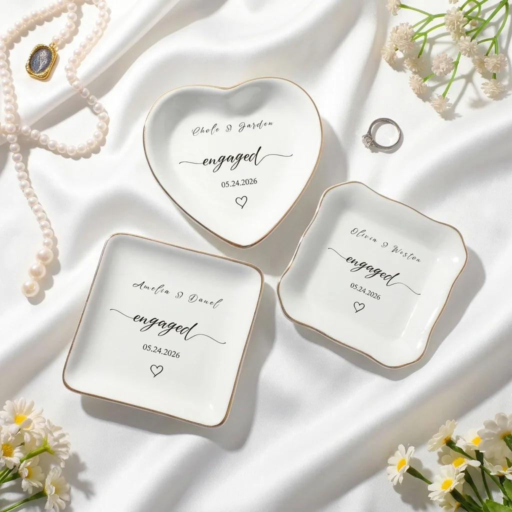 Personalized engaged ring dish in gift packaging with ribbon