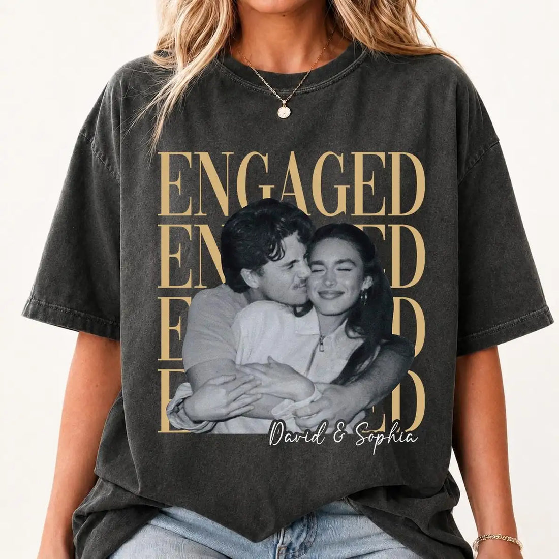 engaged-vintage-couple-custom-photo-names-engagement-comfort-colors-t-shirt custom photo Comfort Colors T-Shirt model mockup preview 03