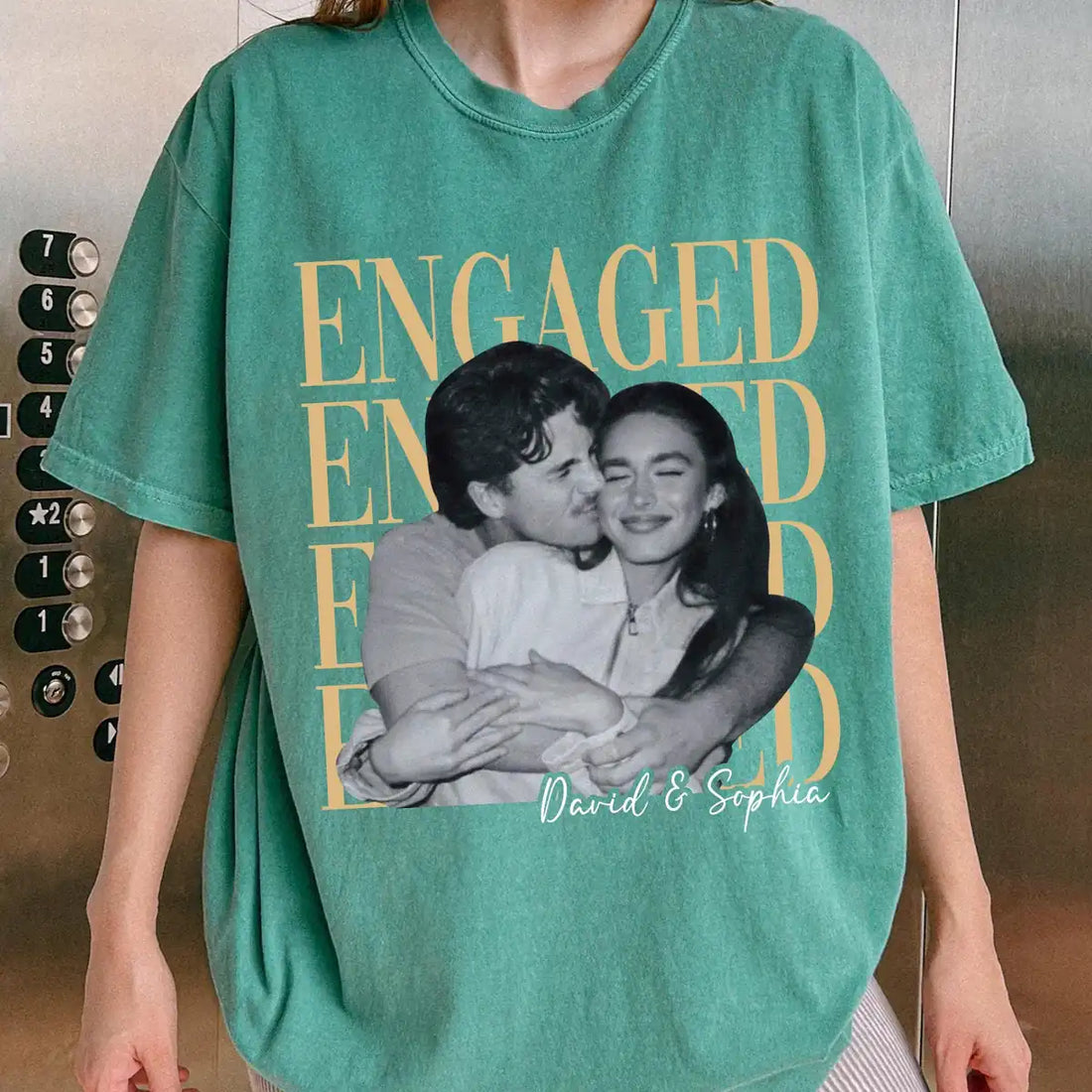 engaged-vintage-couple-custom-photo-names-engagement-comfort-colors-t-shirt custom photo Comfort Colors T-Shirt model mockup preview 03