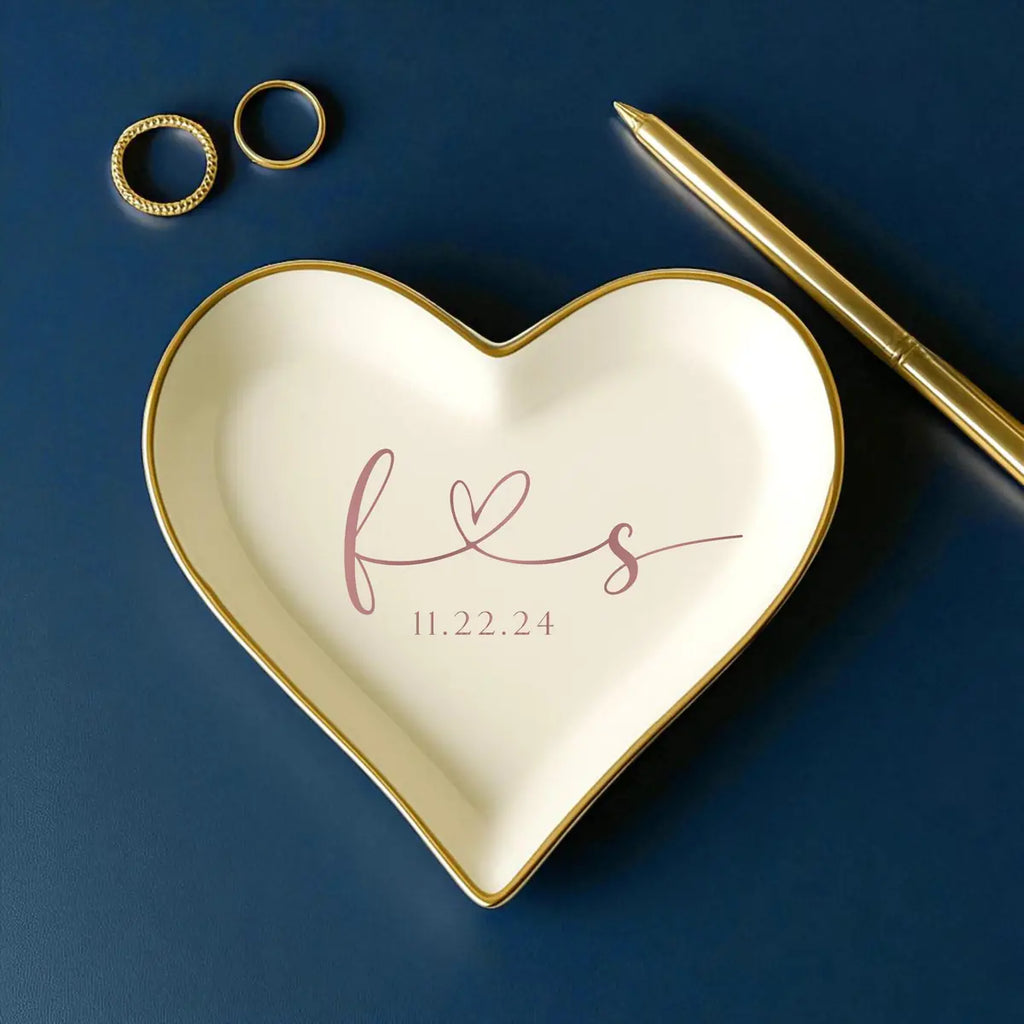 Engagement Ring Dish, Wedding Gift, Gift For Bride and Groom, Anniversary Gift, Initials Heart Date Ring Dish, Bridal Shower