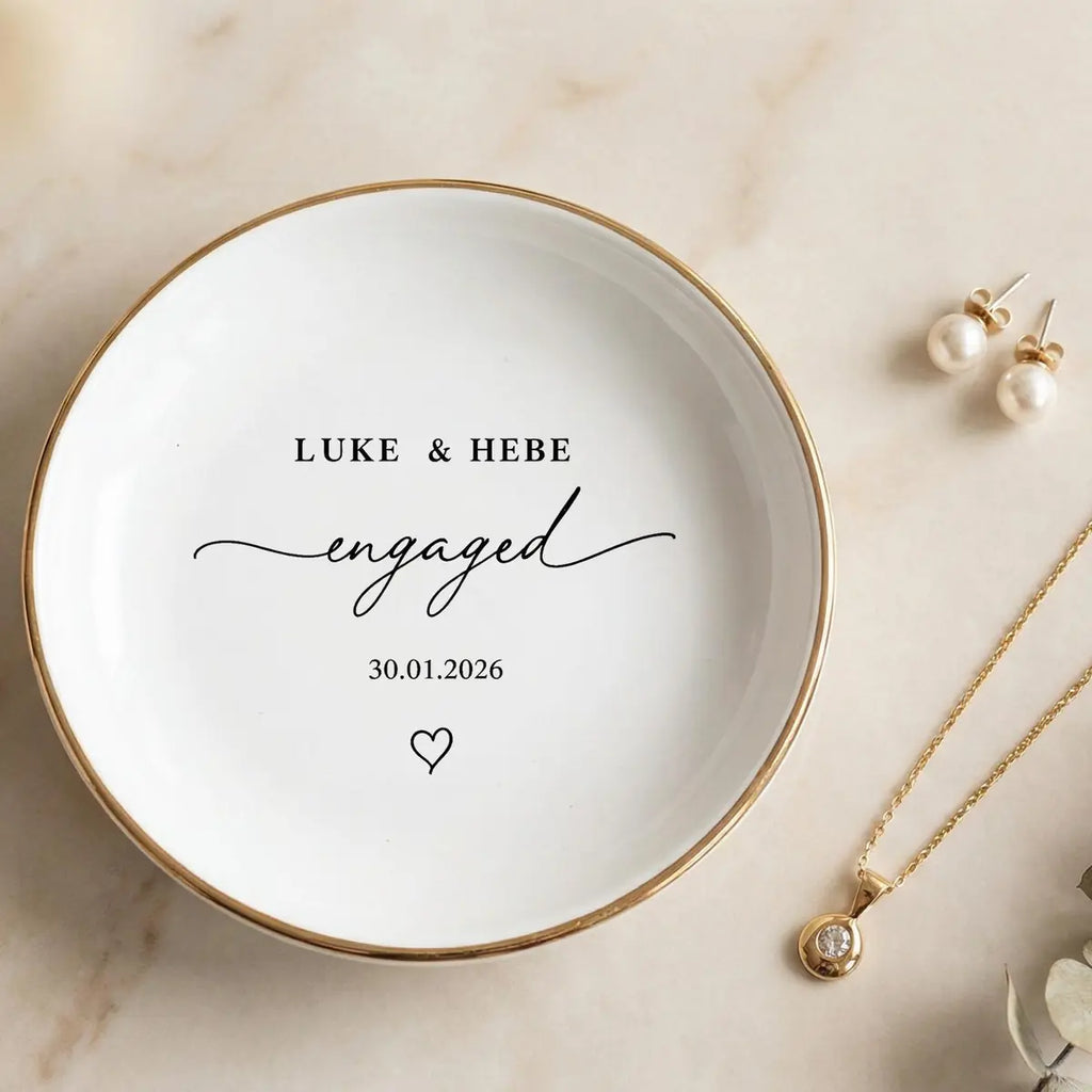 Engagement Ring Dish with Names & Date, Minimalist Engaged Jewelry Dish, Custom Proposal Keepsake