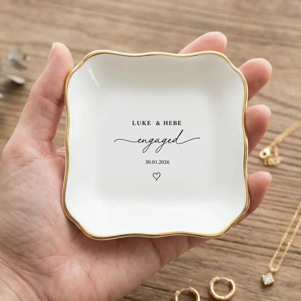 Engagement Ring Dish with Names & Date, Minimalist Engaged Jewelry Dish, Custom Proposal Keepsake variant