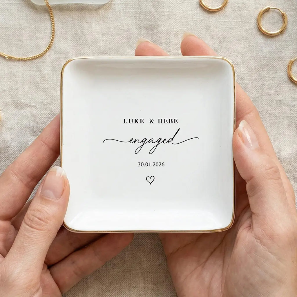 Engagement Ring Dish with Names & Date, Minimalist Engaged Jewelry Dish, Custom Proposal Keepsake variant