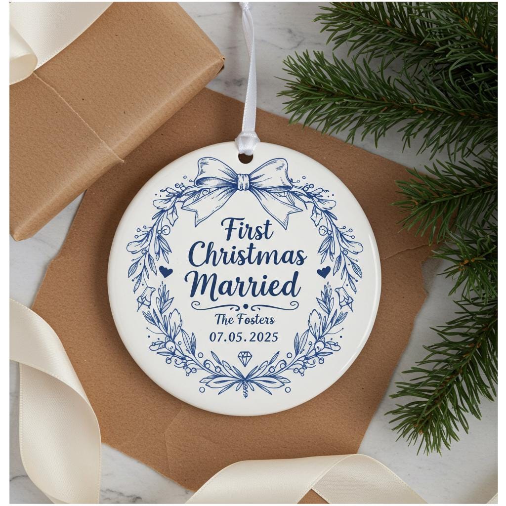 Decorative ornament for 'First Christmas Married' with personalized text, placed on a brown surface with greenery.