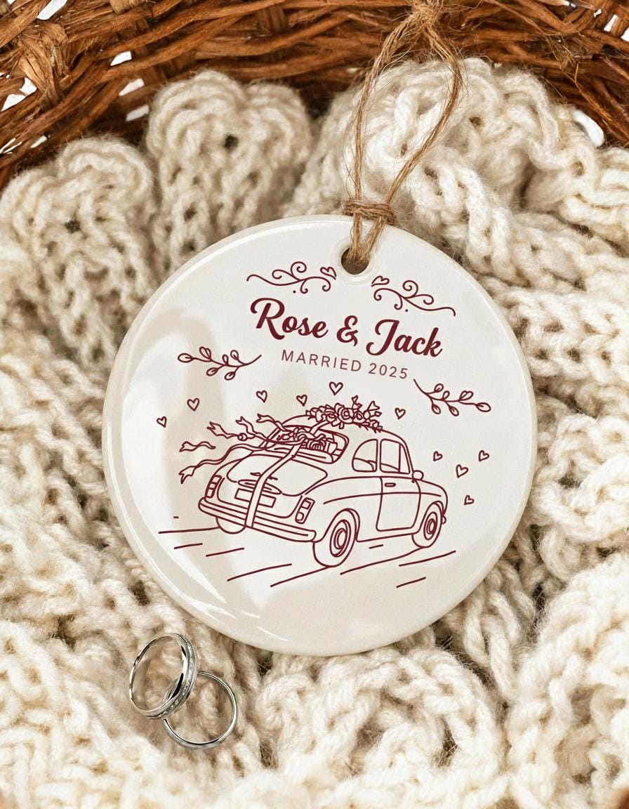 Personalized Ceramic Ornament 2025 - Just Married Car Ornament