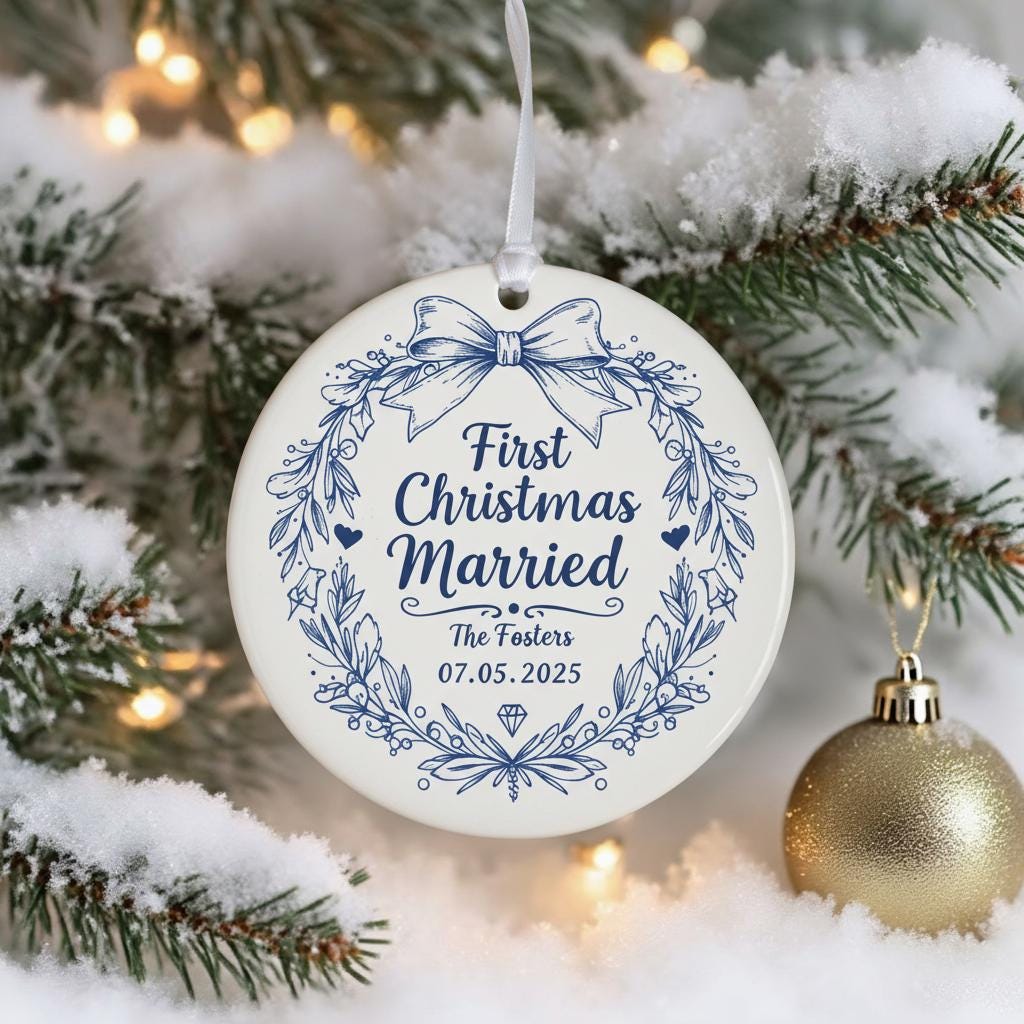Decorative ornament for 'First Christmas Married' on a snowy tree branch with lights.