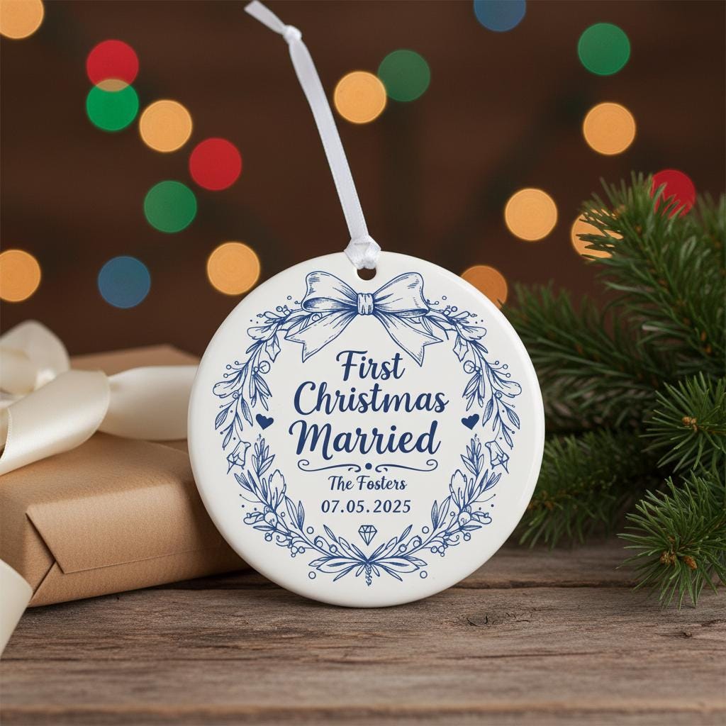 Decorative ornament for 'First Christmas Married' with personalized text, against a festive background.