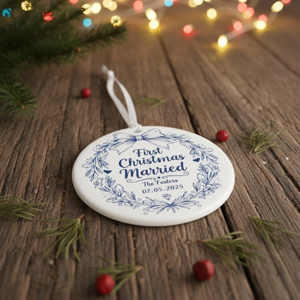 Decorative ornament with 'First Christmas Married' text on a wooden surface with festive lights and greenery.