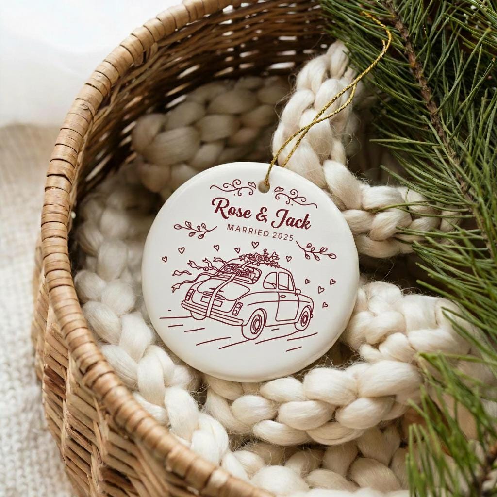 Personalized Ceramic Ornament 2025 - Just Married Car Ornament