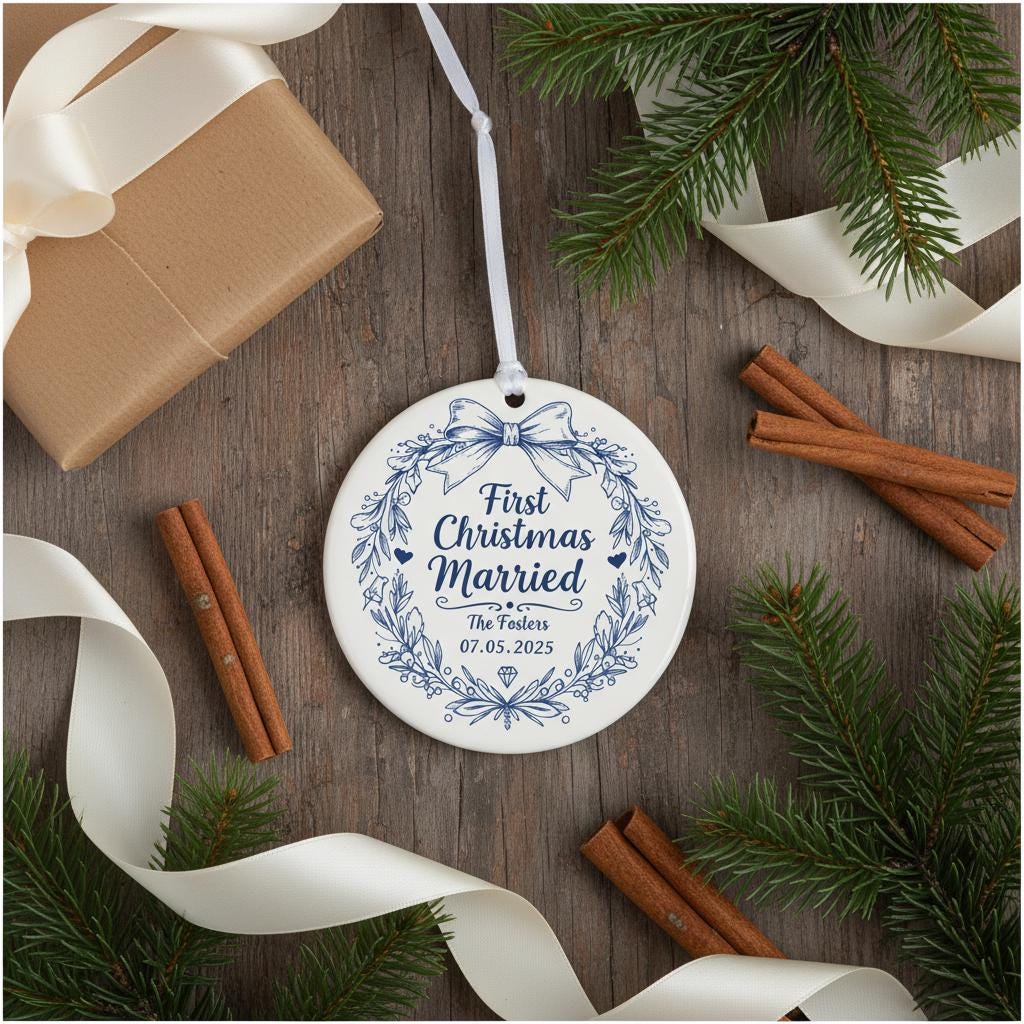 Decorative ornament for 'First Christmas Married' with wreath design on a wooden surface with festive elements.