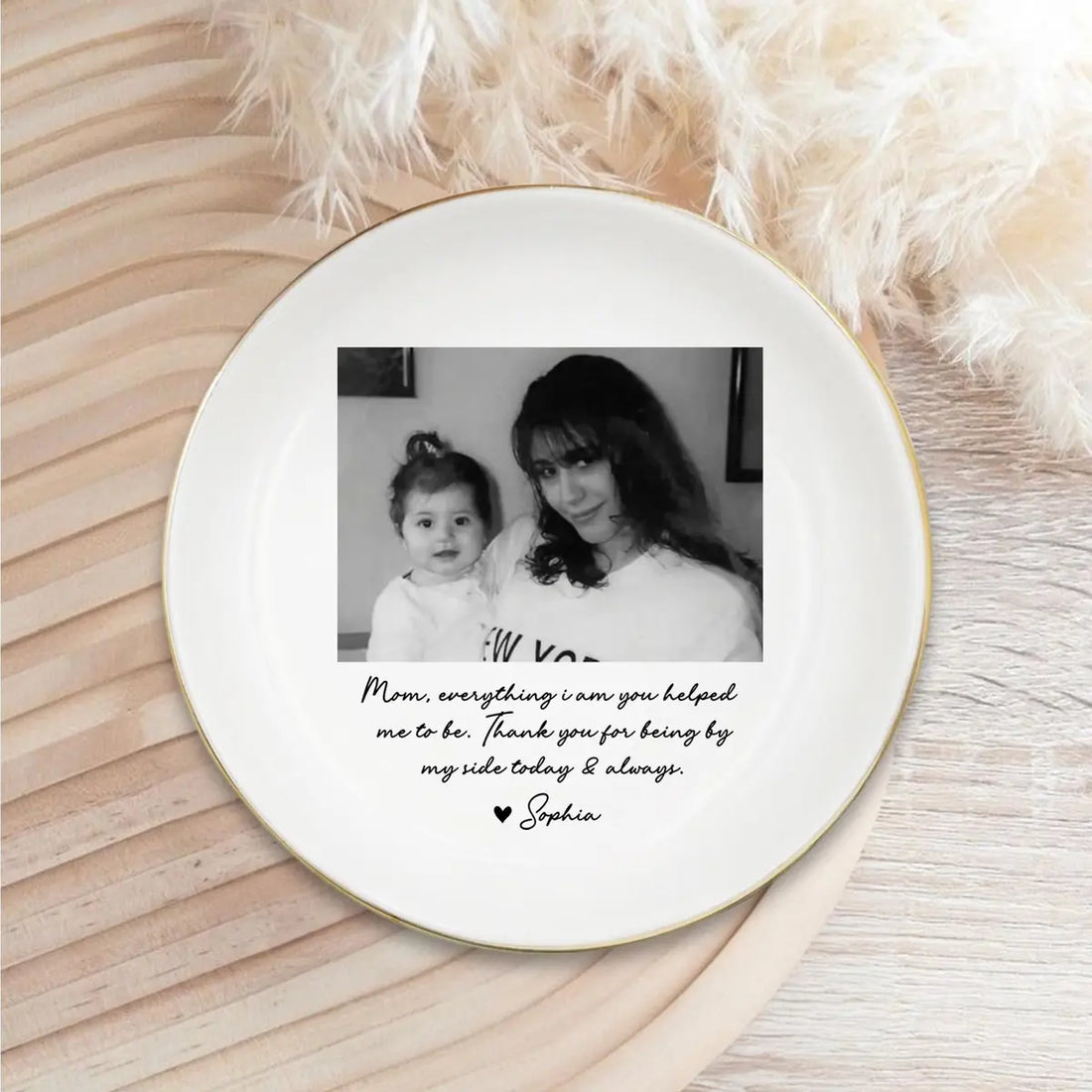 Custom photo mom ring dish displayed elegantly on wooden bedroom nightstand
