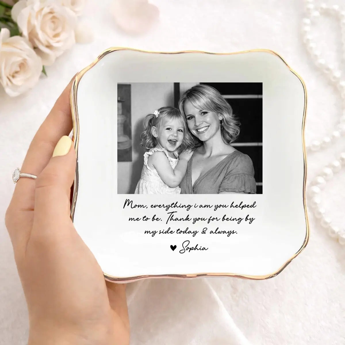 Personalized ceramic ring dish with custom photo and text for mom, main front view