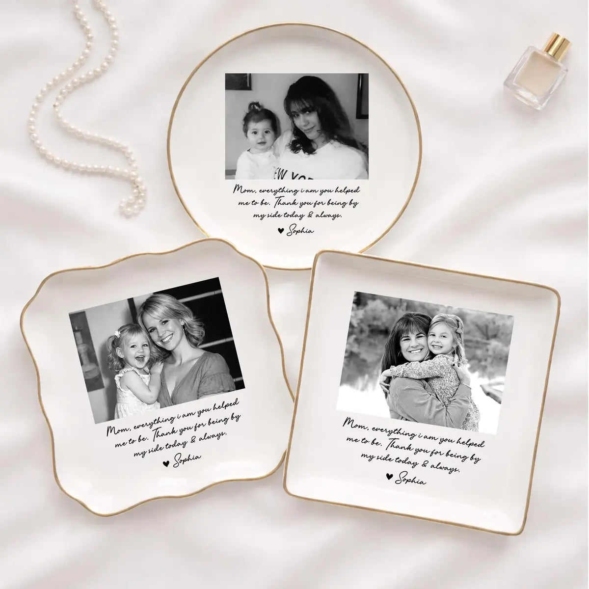 Personalized ceramic ring dish with custom photo and text for mom, main front view