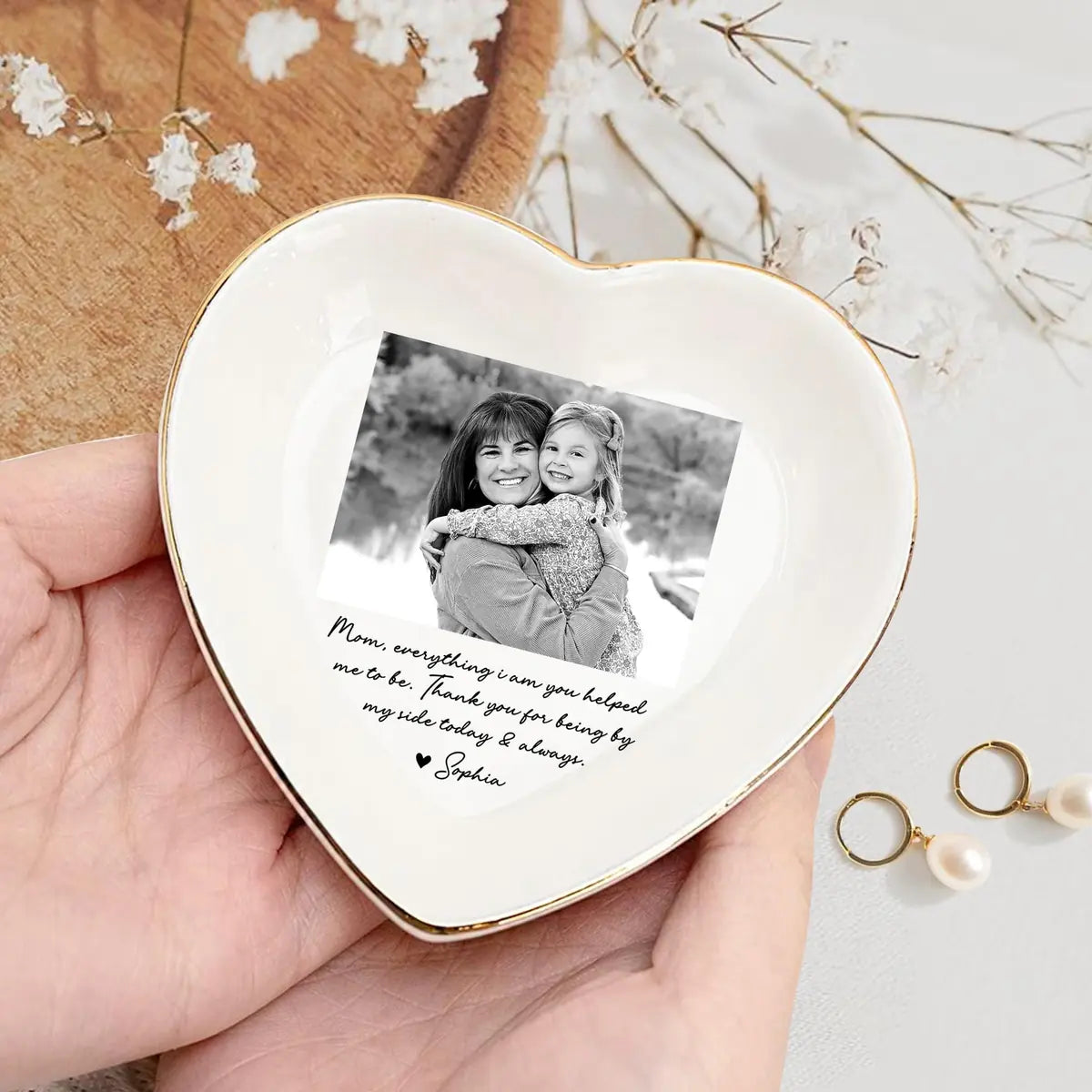 Custom photo mom ring dish displayed elegantly on wooden bedroom nightstand