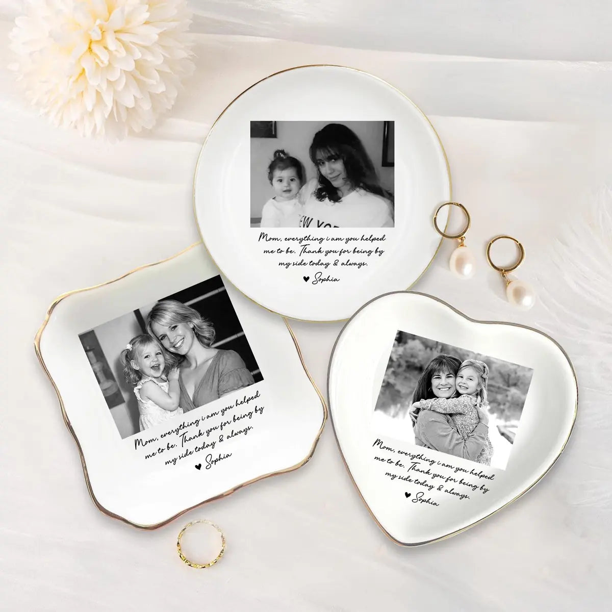 Custom photo mom ring dish displayed elegantly on wooden bedroom nightstand