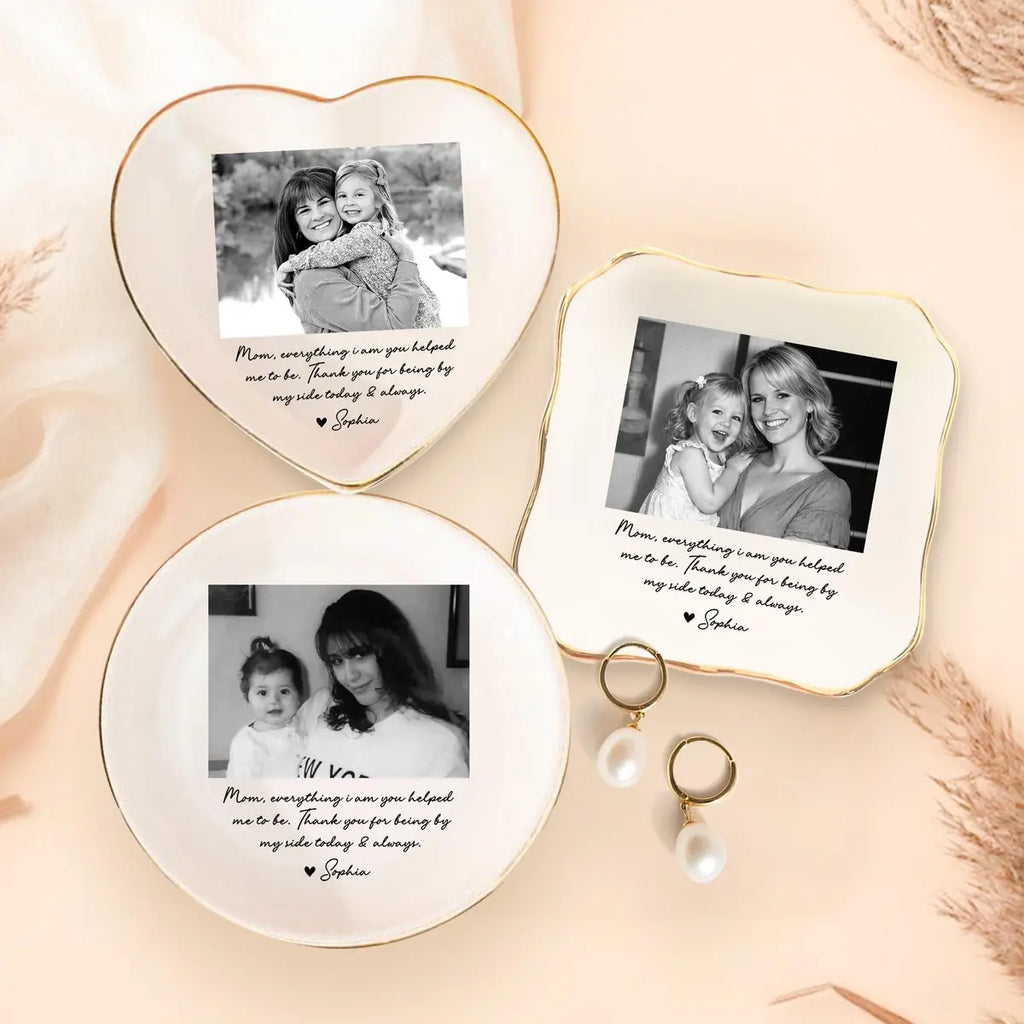 Custom photo mom ring dish displayed elegantly on wooden bedroom nightstand