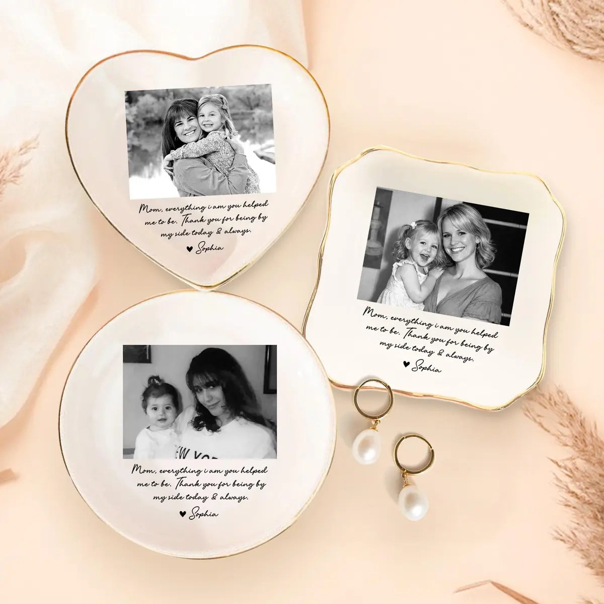 Custom photo mom ring dish displayed elegantly on wooden bedroom nightstand