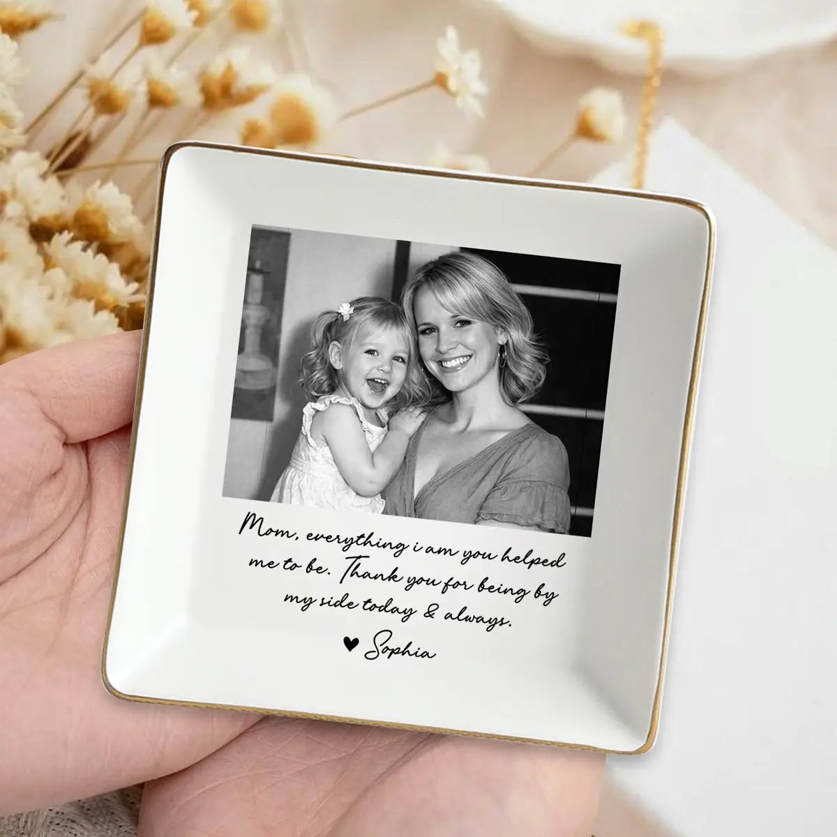 Custom photo mom ring dish displayed elegantly on wooden bedroom nightstand