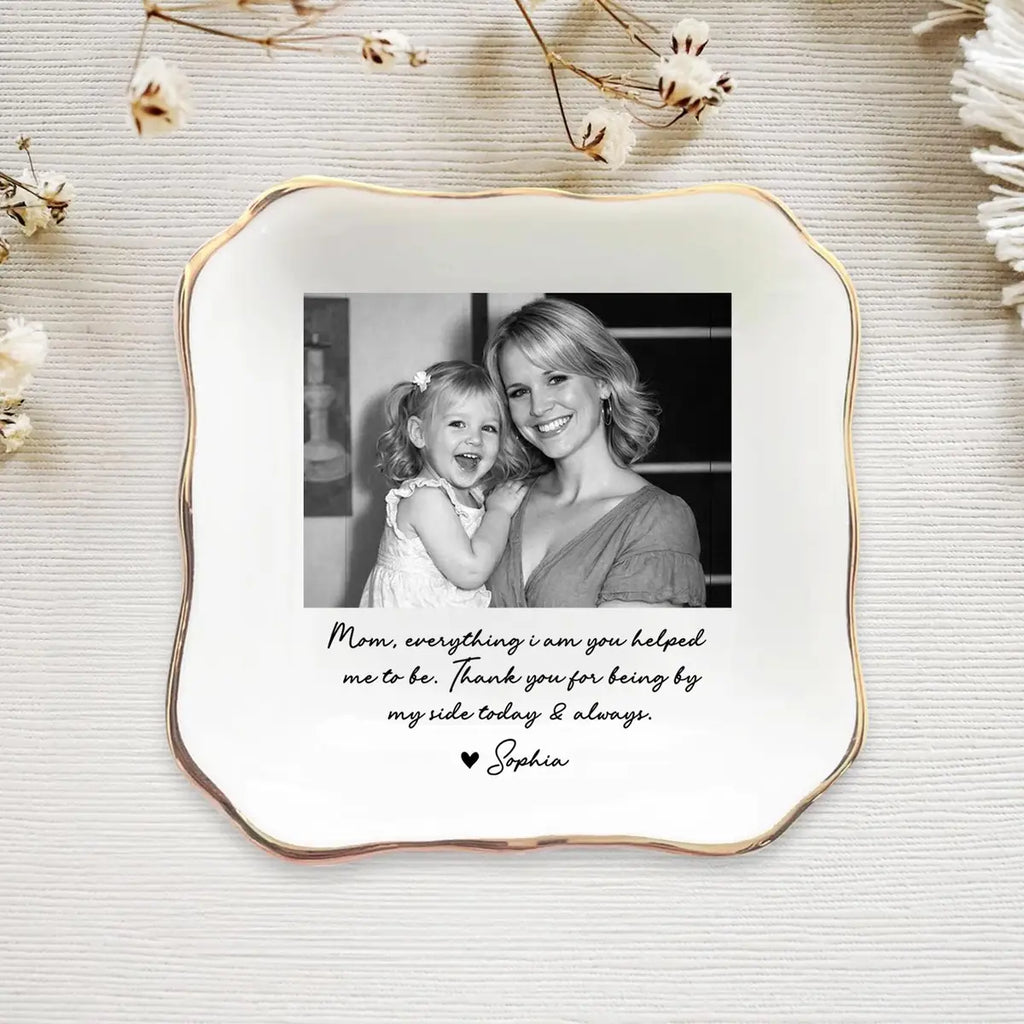 Custom photo mom ring dish displayed elegantly on wooden bedroom nightstand