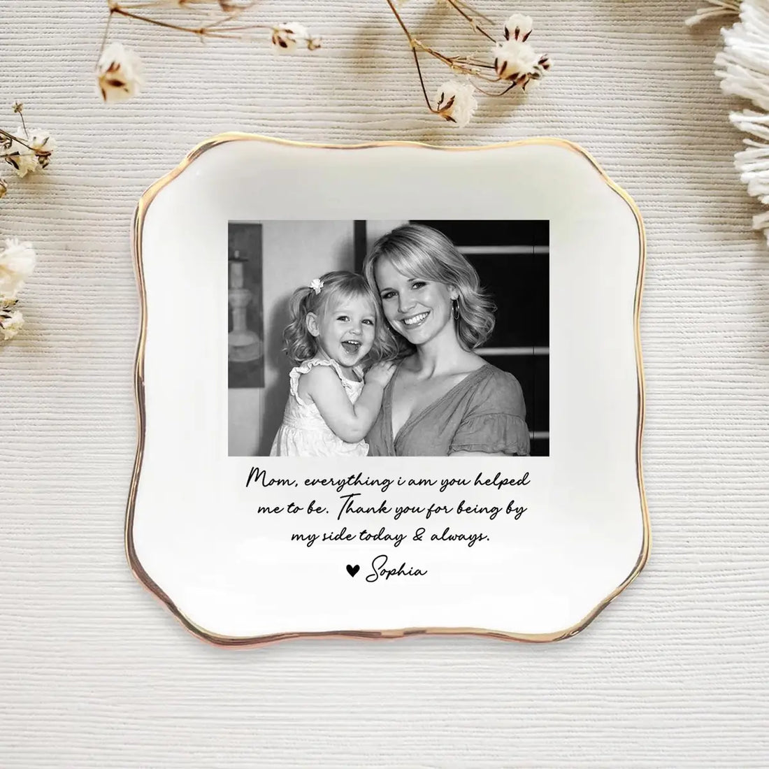 Custom photo mom ring dish displayed elegantly on wooden bedroom nightstand