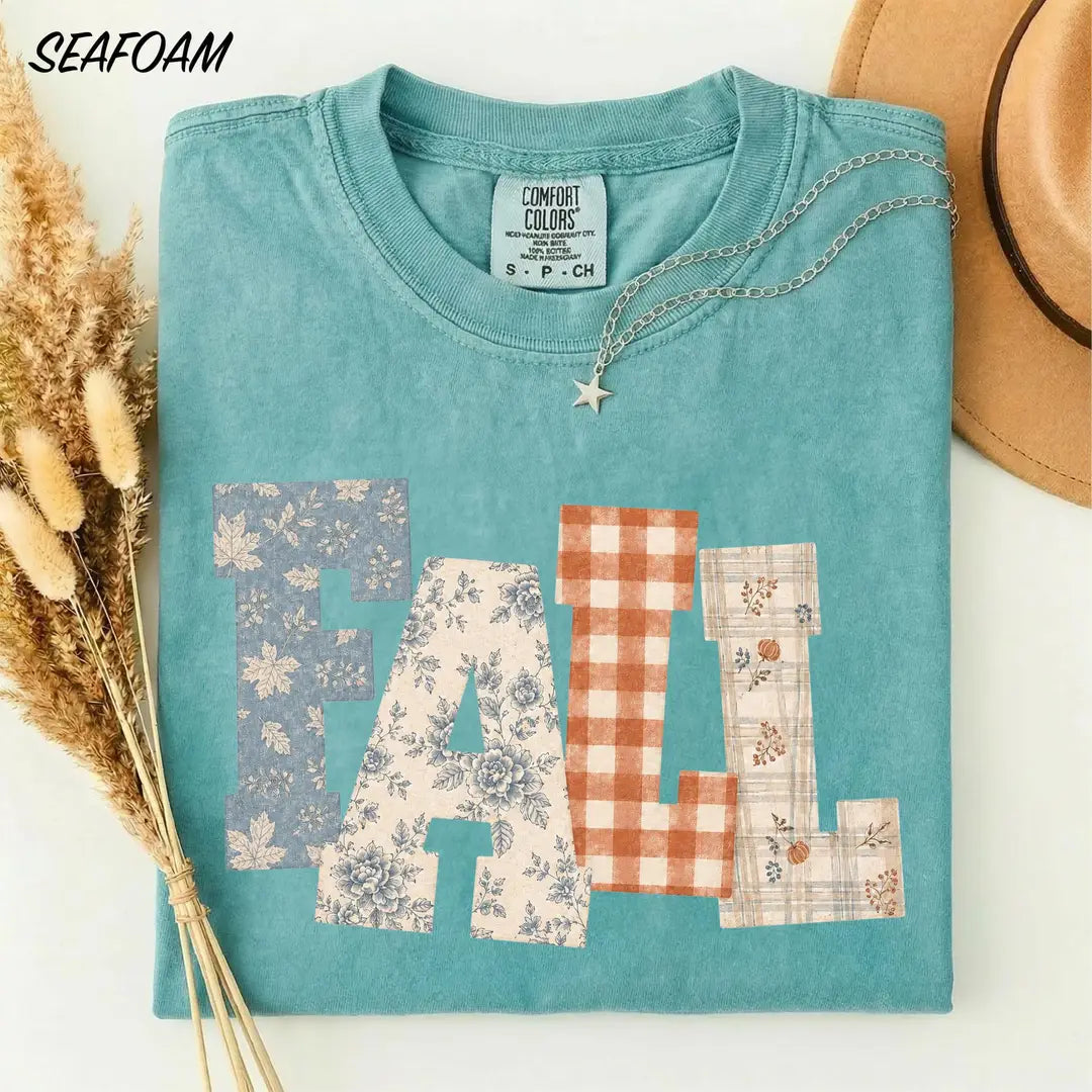 Fall Patchwork graphic Comfort Colors T-shirt, additional product photograph.