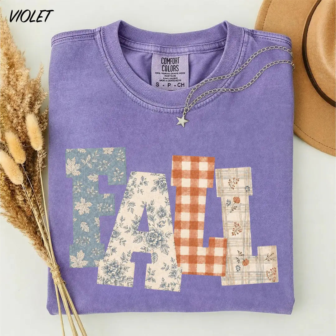 Fall Patchwork graphic Comfort Colors T-shirt, additional product photograph.