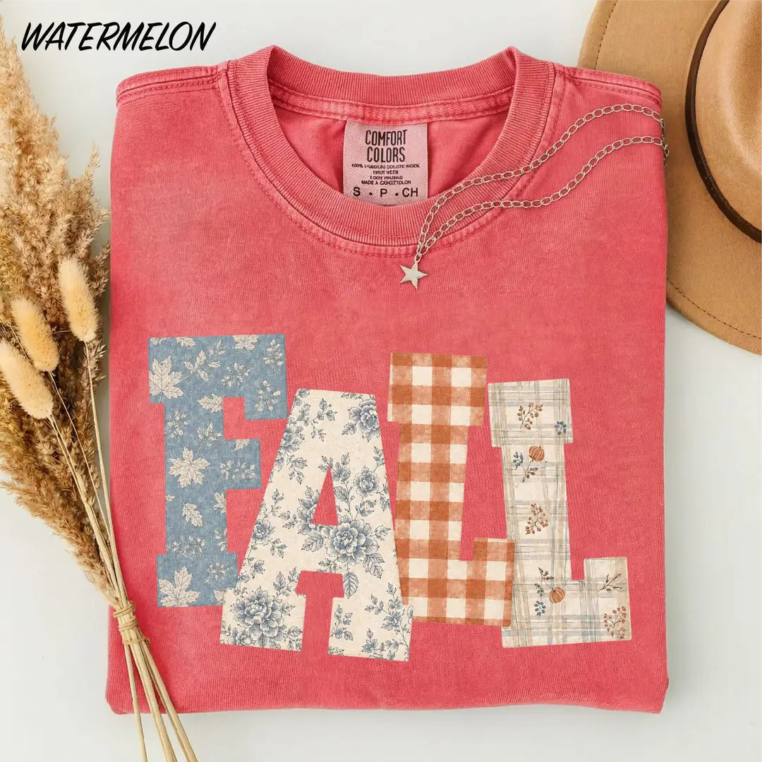 Fall Patchwork graphic Comfort Colors T-shirt, additional product photograph.