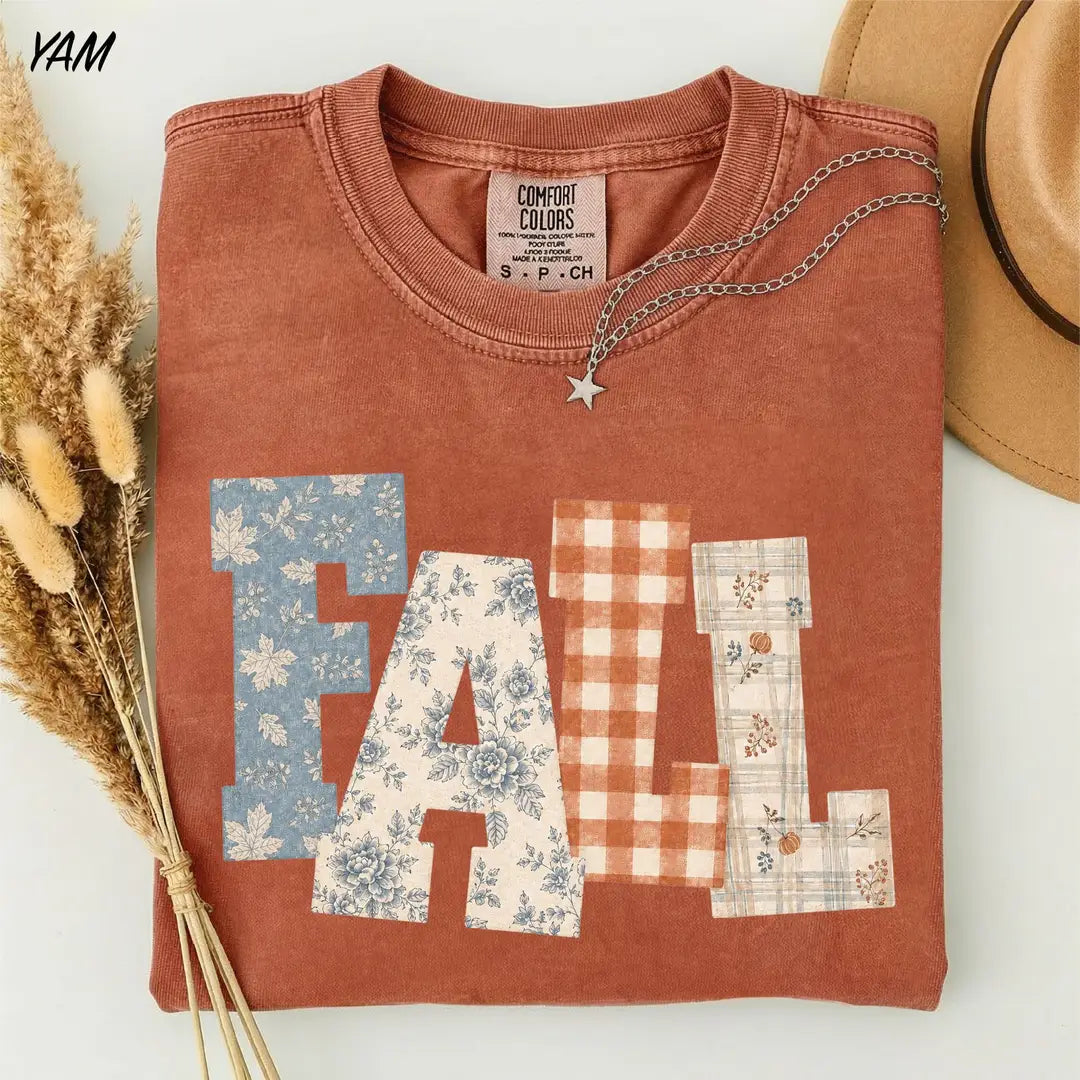 Fall Patchwork graphic Comfort Colors T-shirt, additional product photograph.