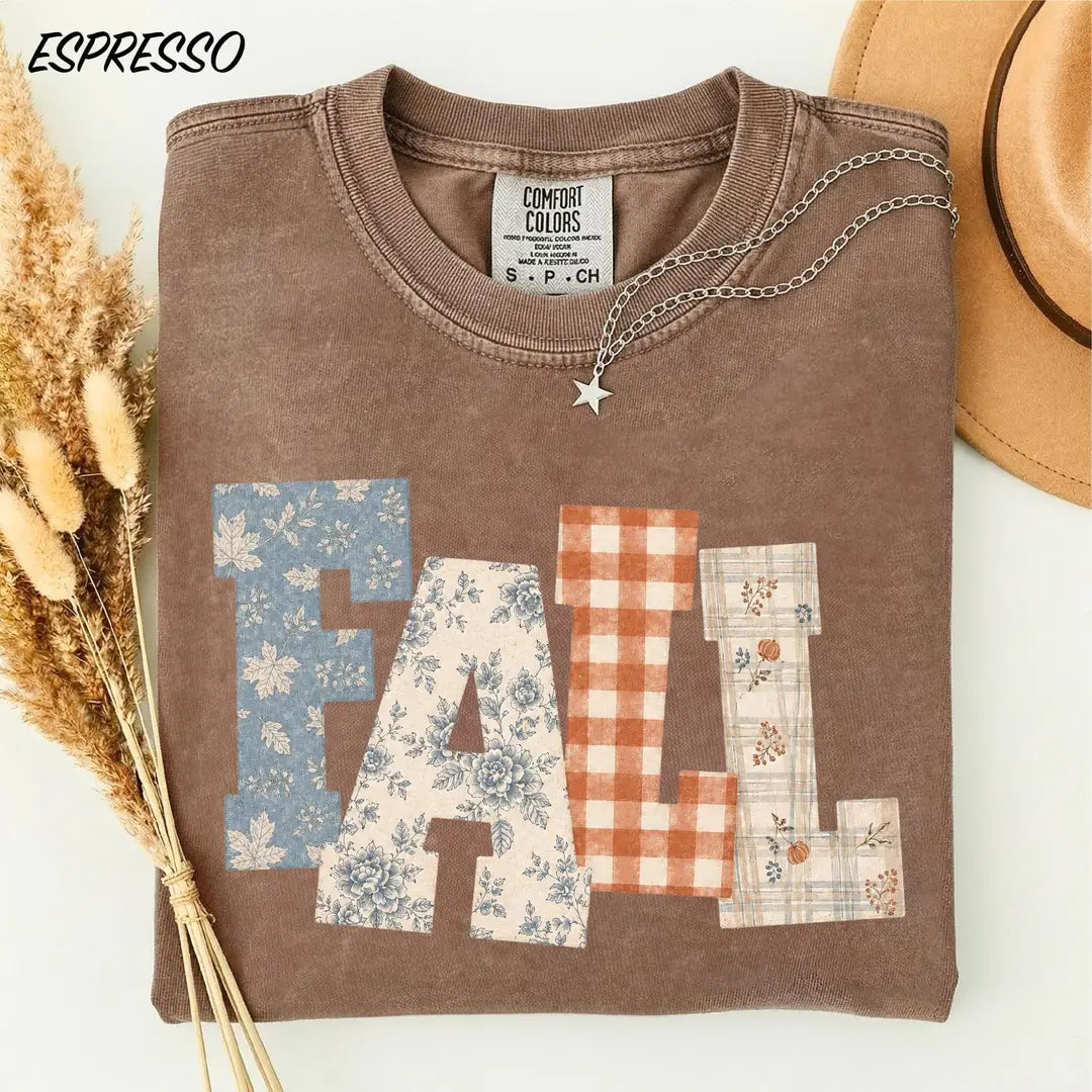 Fall Patchwork graphic Comfort Colors T-shirt, additional product photograph.