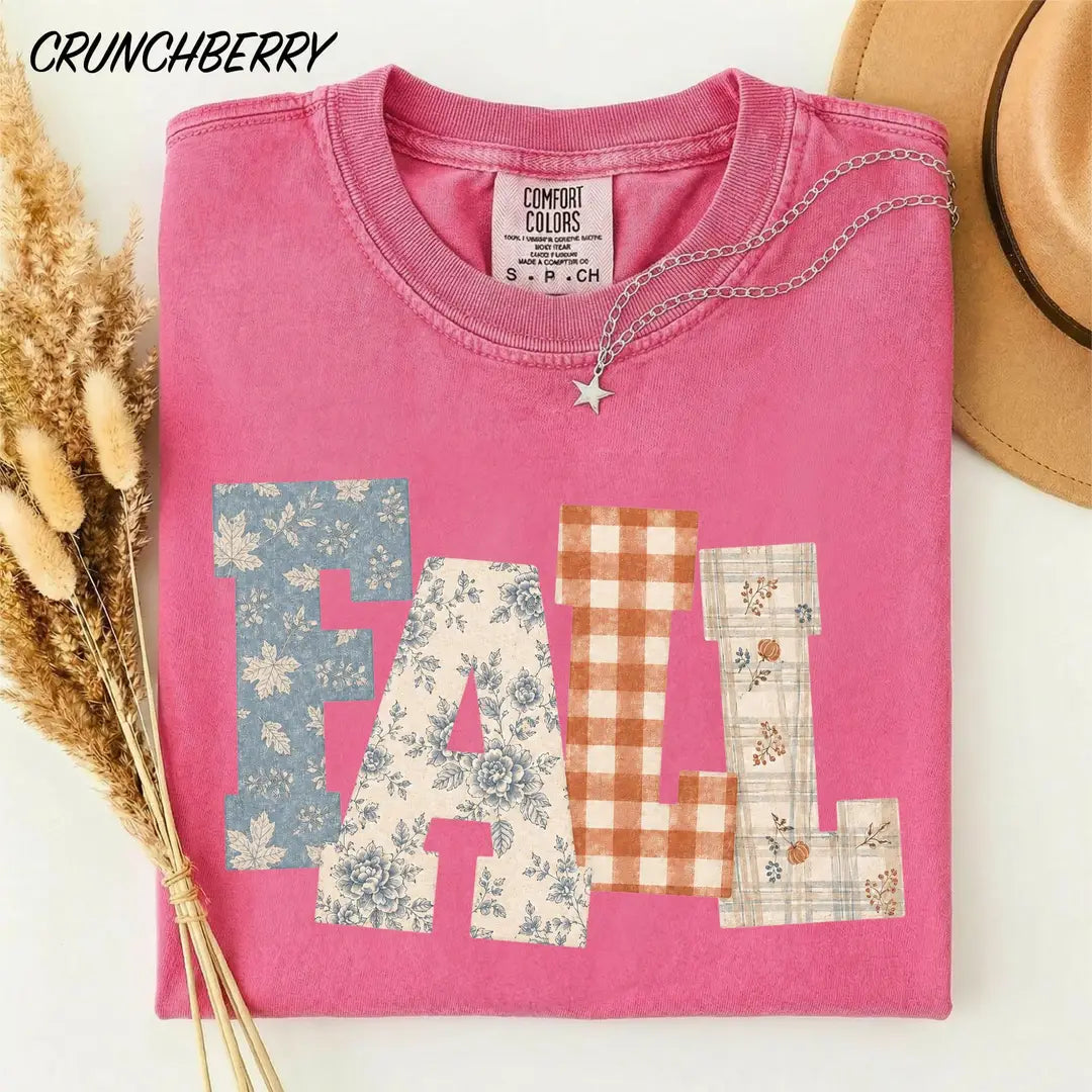 Fall Patchwork graphic Comfort Colors T-shirt, additional product photograph.