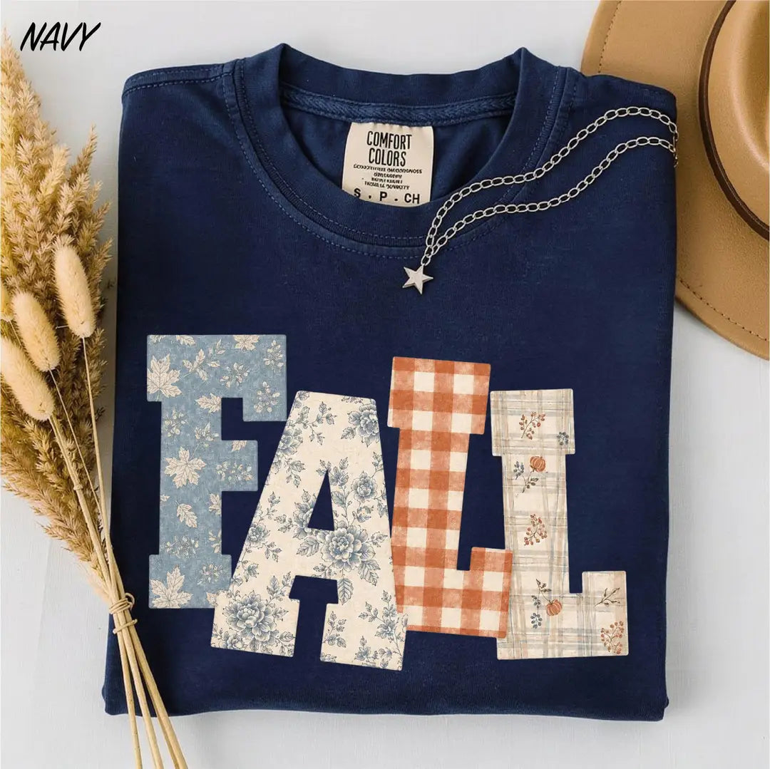 Fall Patchwork graphic Comfort Colors T-shirt, additional product photograph.