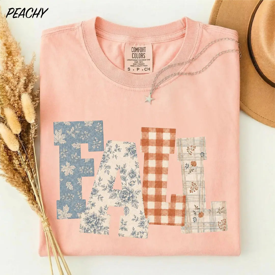 Fall Patchwork graphic Comfort Colors T-shirt, additional product photograph.