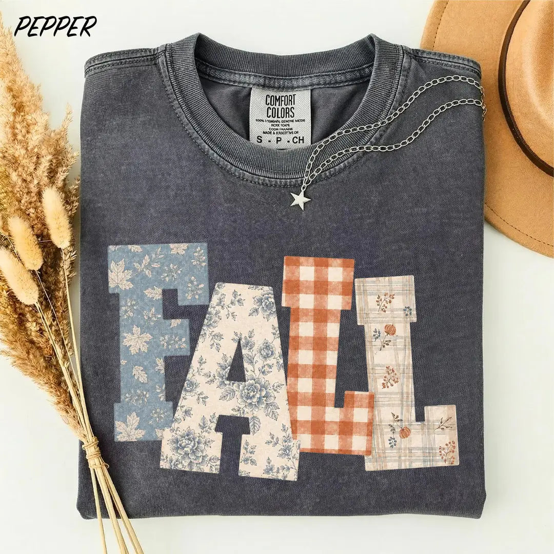 Fall Patchwork graphic Comfort Colors T-shirt, additional product photograph.